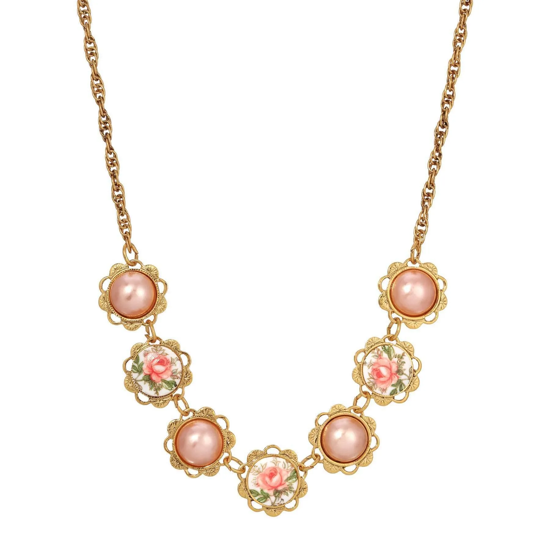1928 Jewelry Rosabella Raspberry Faux Pearls & Garden Pink Rose Necklace 15"   3" Extension 1928 Jewelry