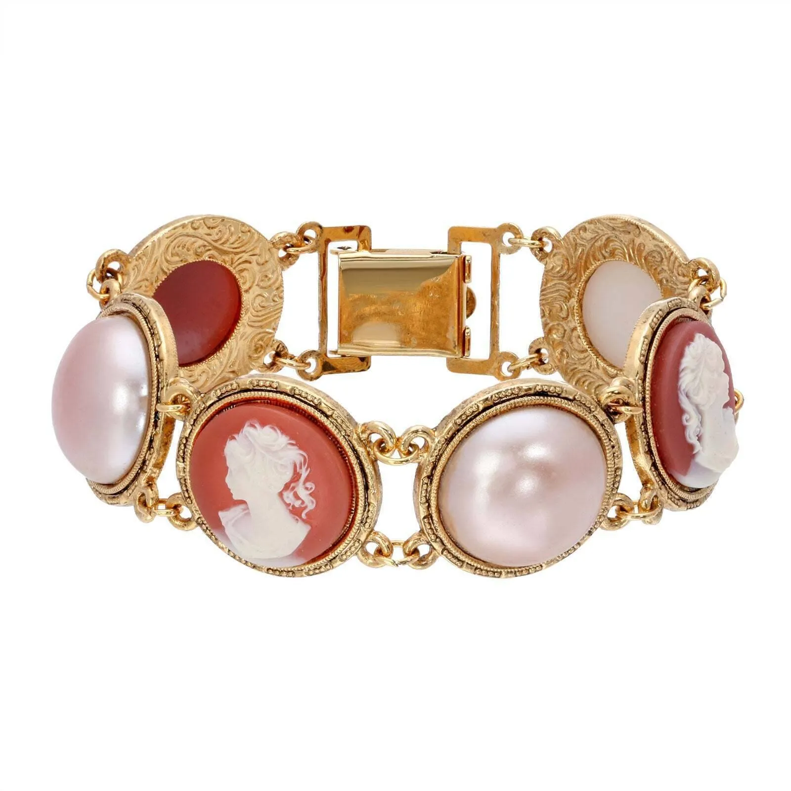 1928 Jewelry Rosabella Raspberry Peach Faux Pearl Round Carnelian Ivory Cameo Clasp Bracelet 1928 Jewelry