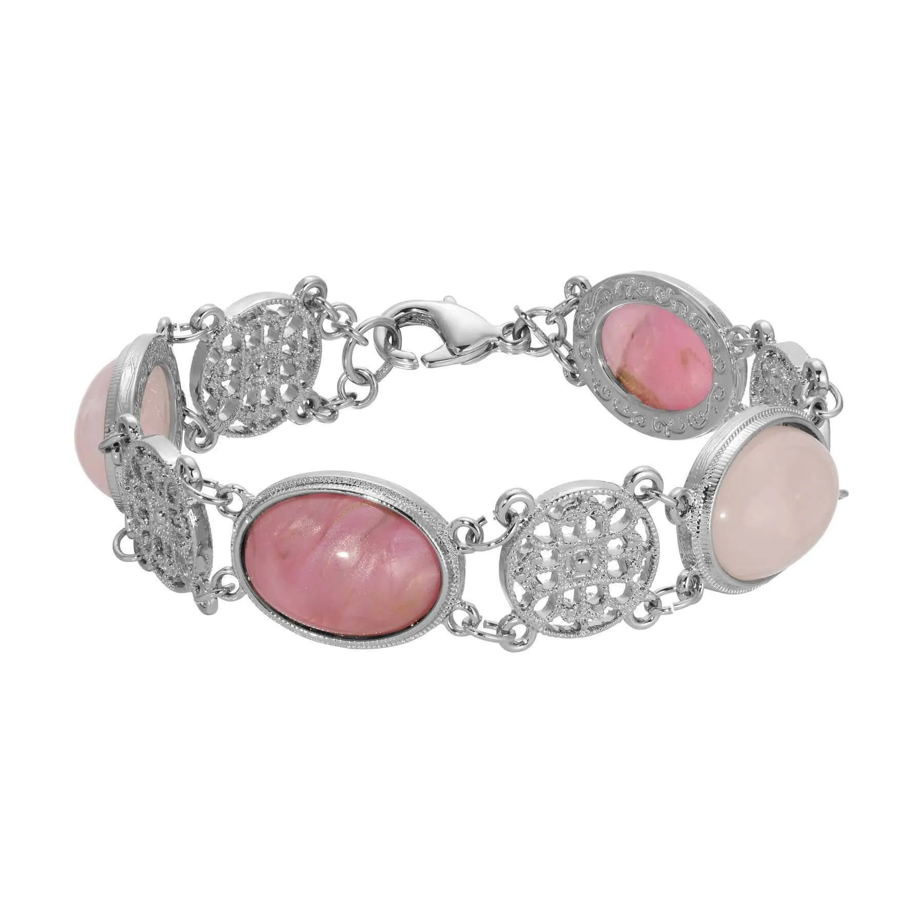 1928 Jewelry Roseate Paradise Meso Filigree Oval Rose Pink Quartz & Pink Stone Link Bracelet 1928 Jewelry