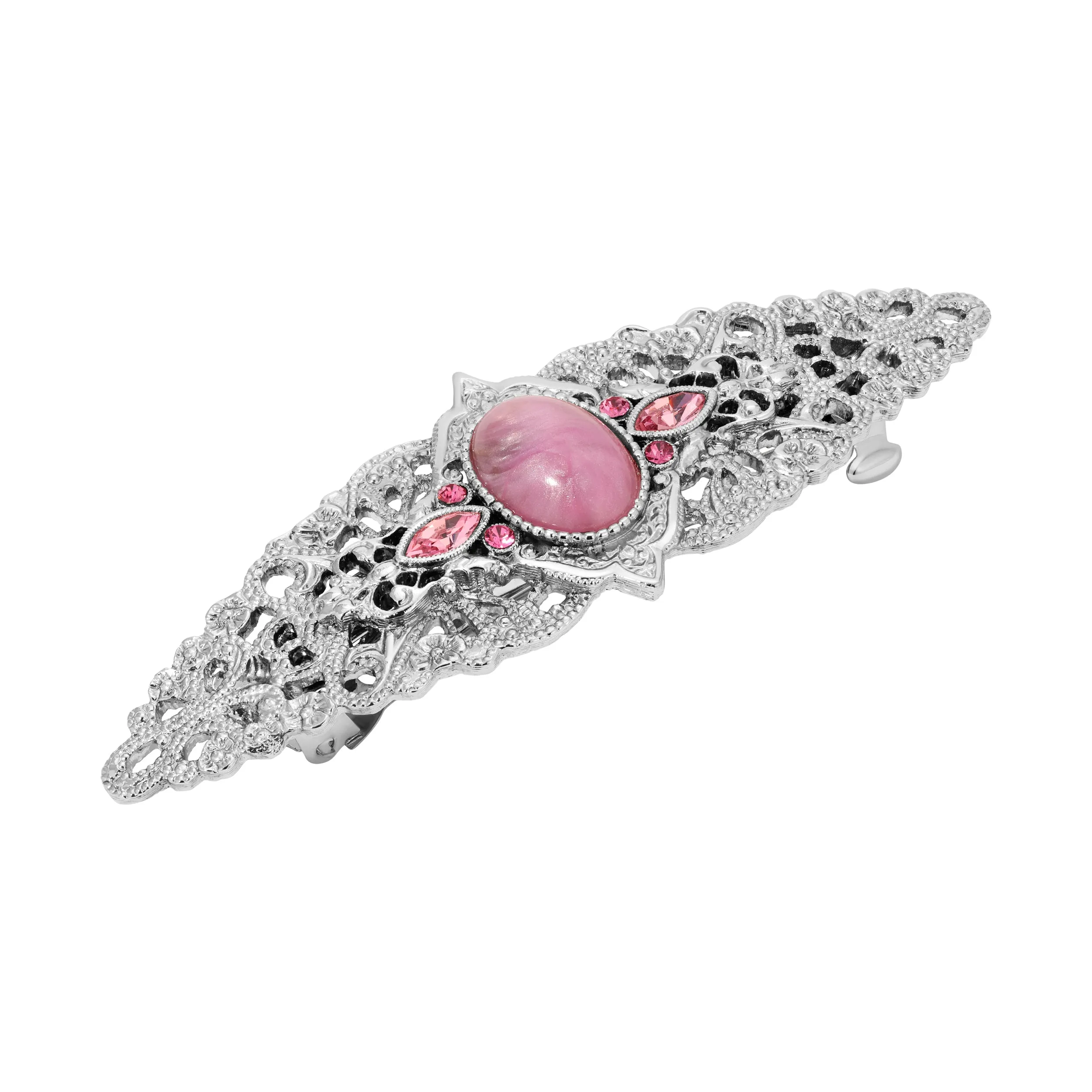 1928 Jewelry Roseate Paradise Oval Coral Quartz Stone Filigree Hair Barrette 1928 Jewelry