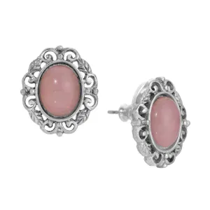 1928 Jewelry Roseate Paradise Oval Rose Quartz Glass Stone Filigree Leaf Stud Earrings 1928 Jewelry