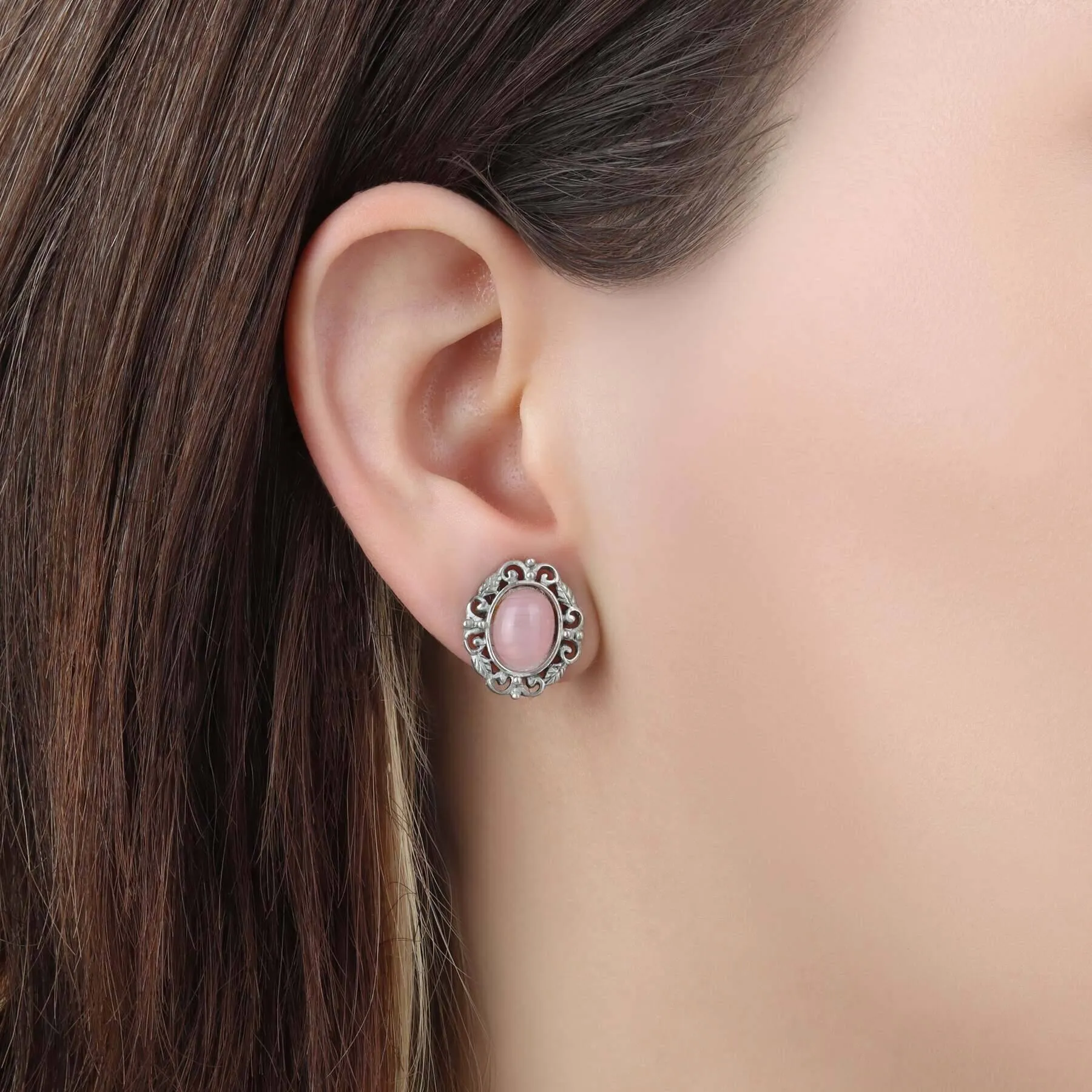 1928 Jewelry Roseate Paradise Oval Rose Quartz Glass Stone Filigree Leaf Stud Earrings 1928 Jewelry