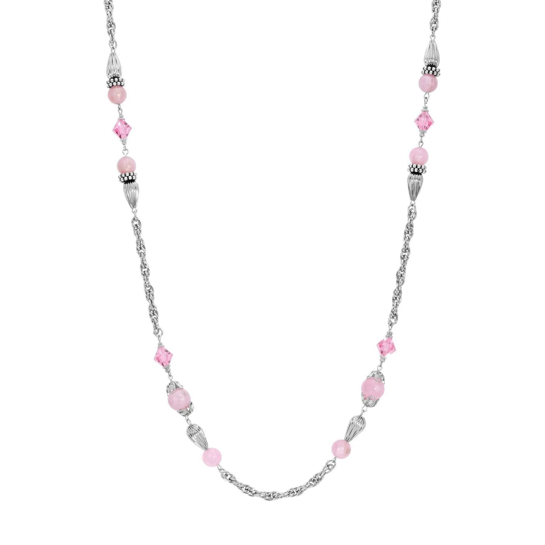 1928 Jewelry Roseate Paradise Peppermint Pink Rose Austrian Crystal Beaded Necklace 32" 1928 Jewelry