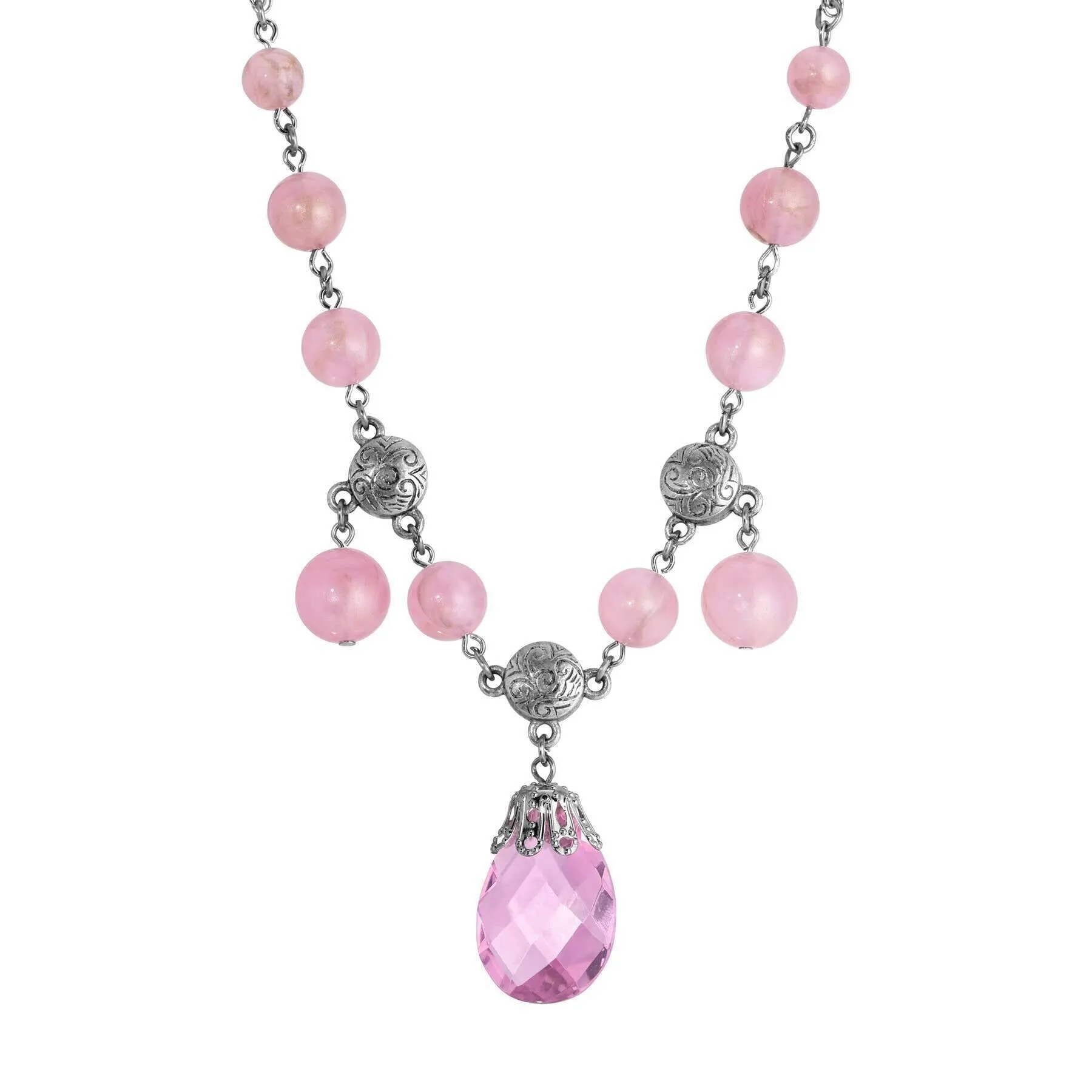 1928 Jewelry Roseate Paradise Peppermint Pink Rose Austrian Crystal Briolette Pendant Necklace 16"   3" Extension 1928 Jewelry