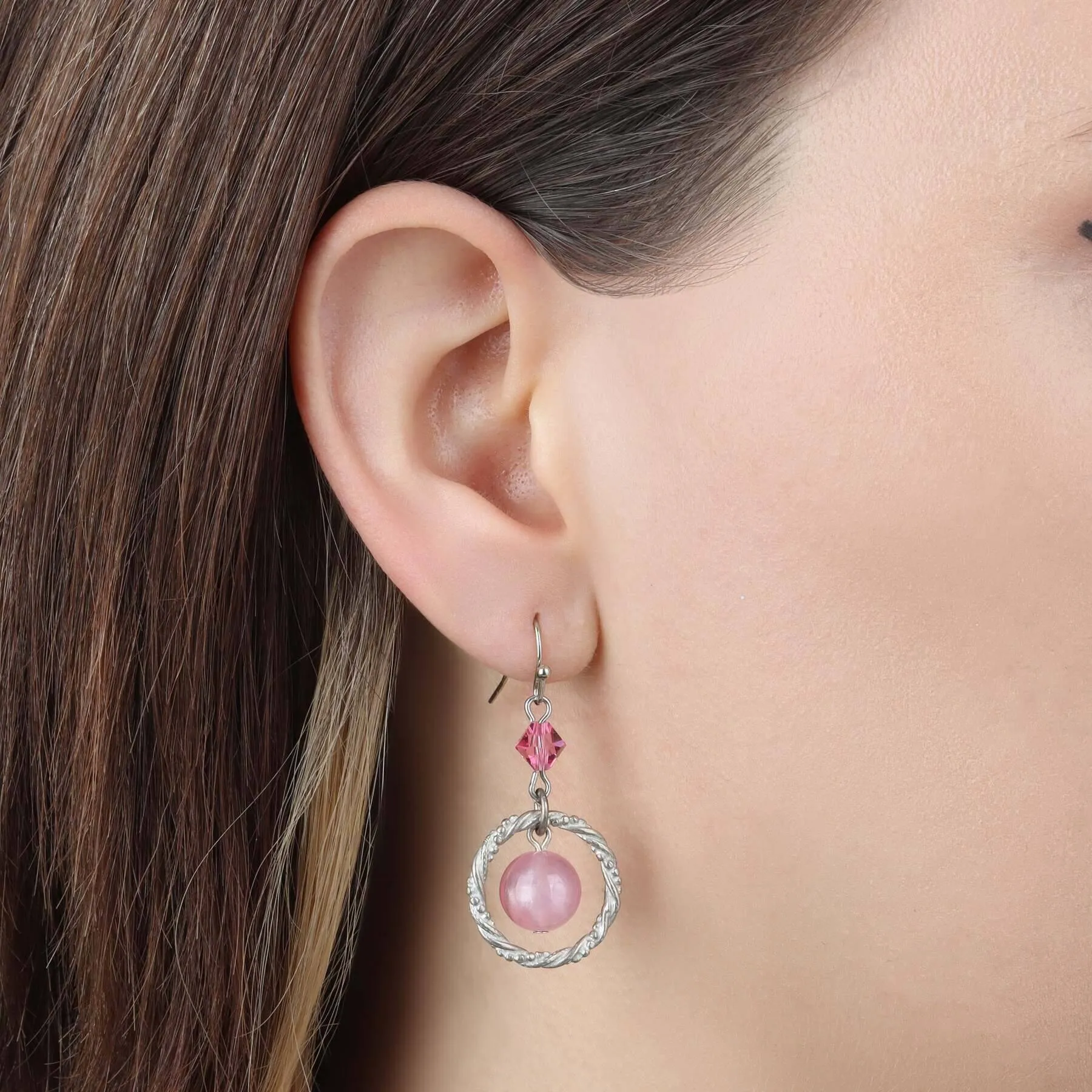 1928 Jewelry Roseate Paradise Rose Pink Crystal Twisted Hoop & Pink Bead Dangling Earrings 1928 Jewelry