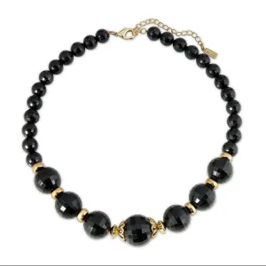 1928 Jewelry Round Black Faceted Beaded Stranded Necklace 16"   3" Extender 1928 Jewelry