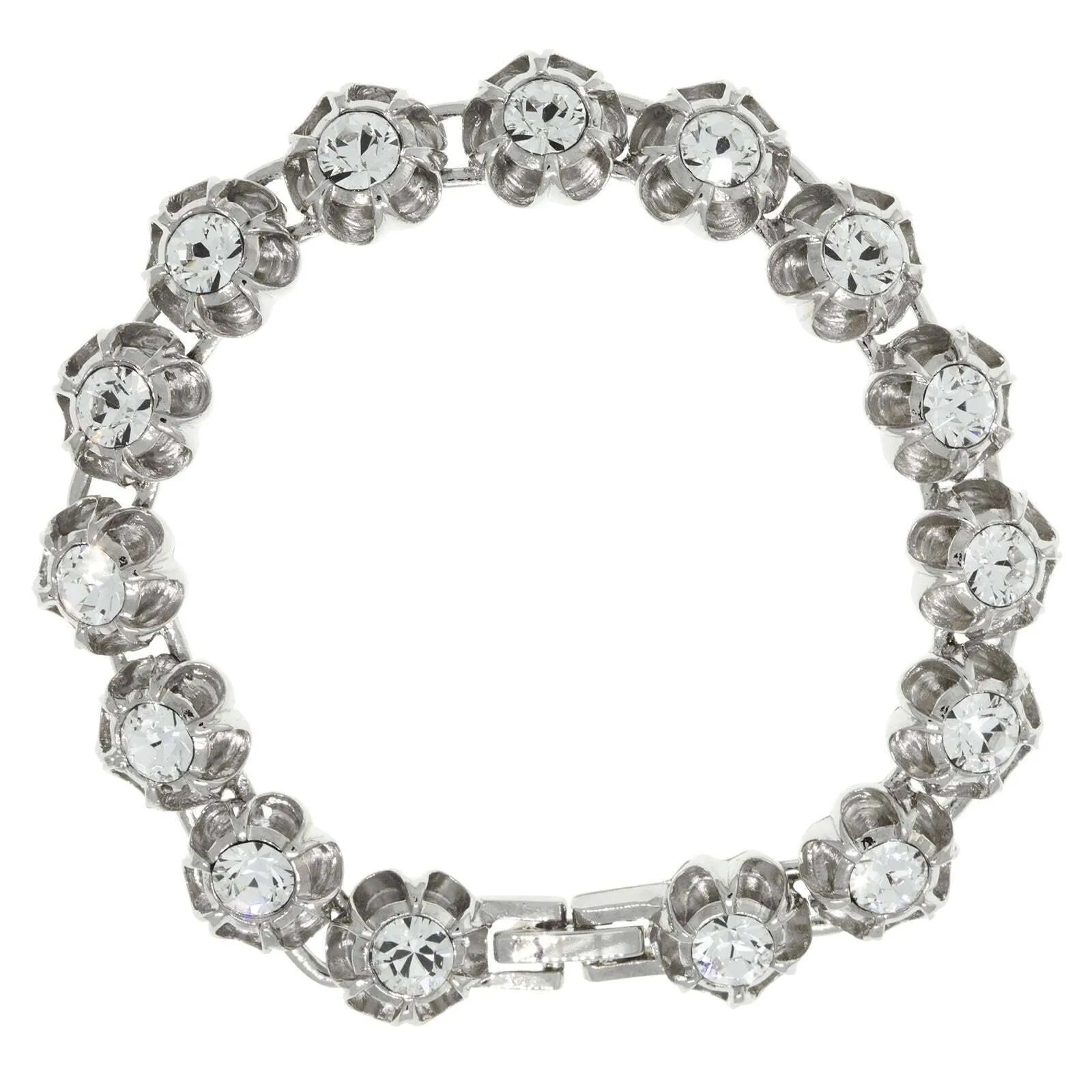 1928 Jewelry Round Brilliant Crystal Flower Clasp Bracelet. 7.25 Inch 1928 Jewelry