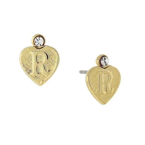 1928 Jewelry Round Crystal Gold Initial Heart Stud Earrings 1928 Jewelry