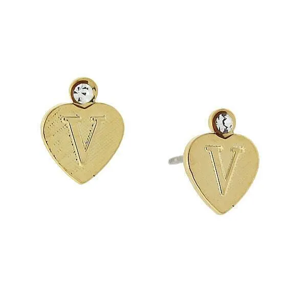 1928 Jewelry Round Crystal Gold Initial Heart Stud Earrings 1928 Jewelry