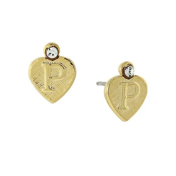 1928 Jewelry Round Crystal Gold Initial Heart Stud Earrings 1928 Jewelry