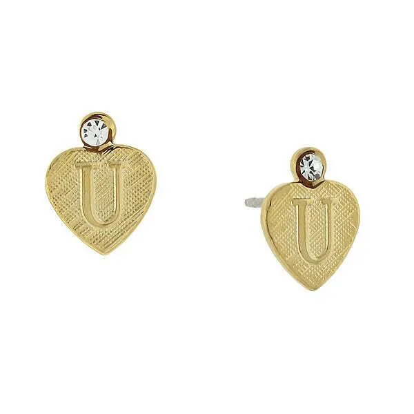 1928 Jewelry Round Crystal Gold Initial Heart Stud Earrings 1928 Jewelry