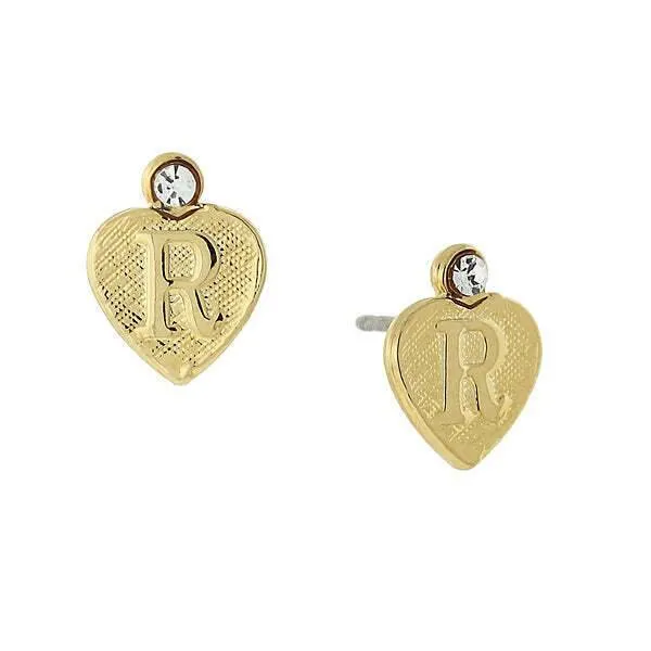 1928 Jewelry Round Crystal Gold Initial Heart Stud Earrings 1928 Jewelry