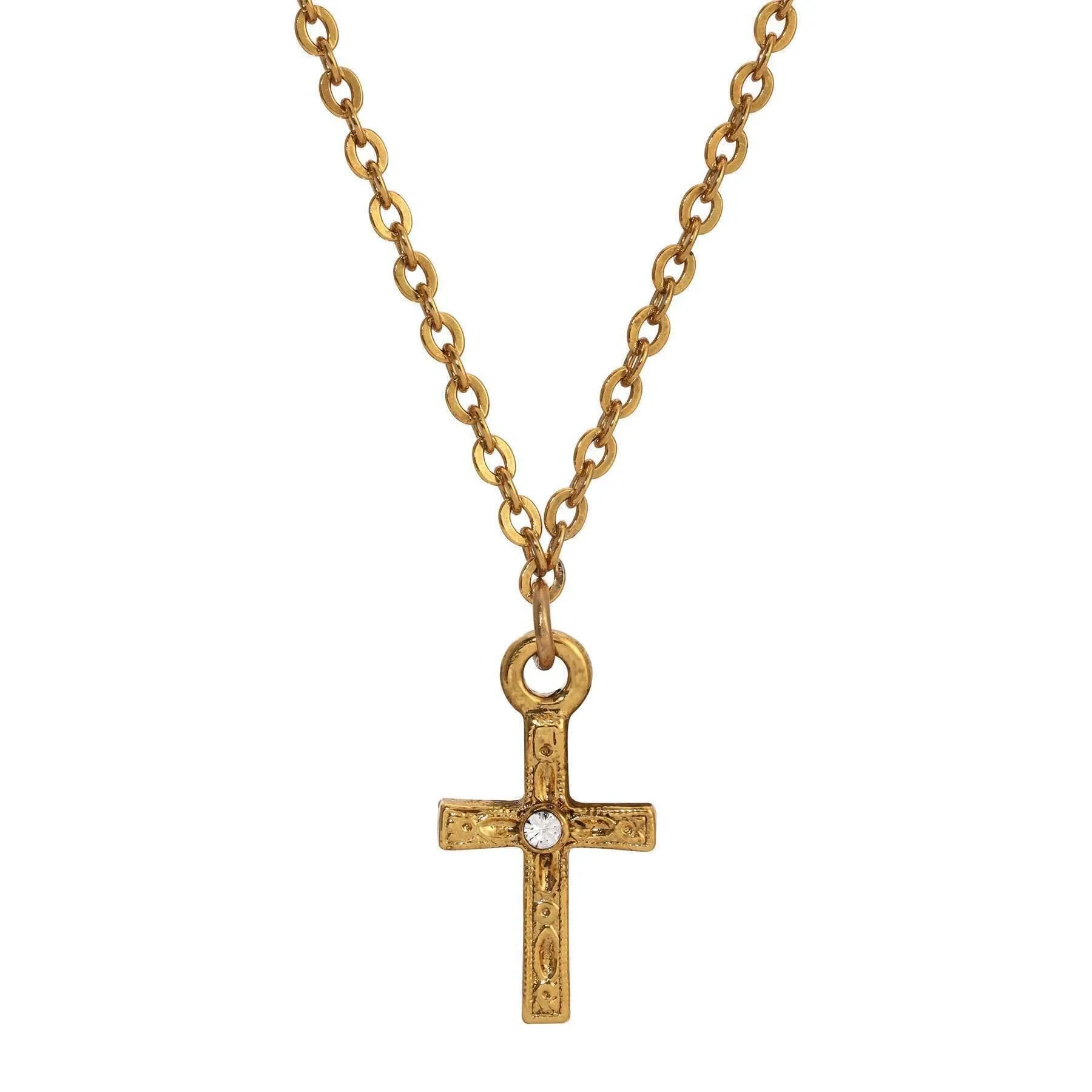 1928 Jewelry Round Crystal Gold Spiritual Cross Pendant Necklace 15"   3" Extender 1928 Jewelry