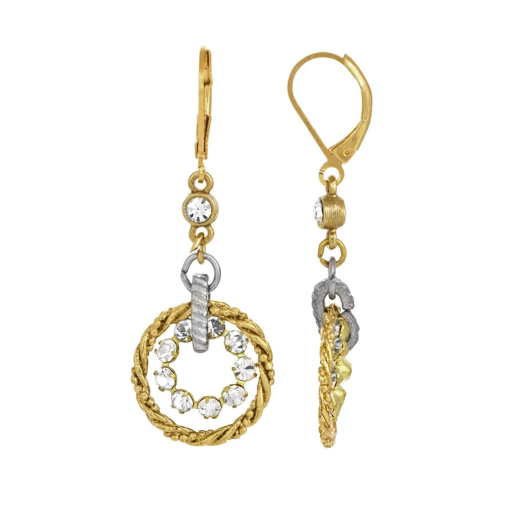 1928 Jewelry Round Crystal Rope Hoop Two Tone Drop Earrings 1928 Jewelry