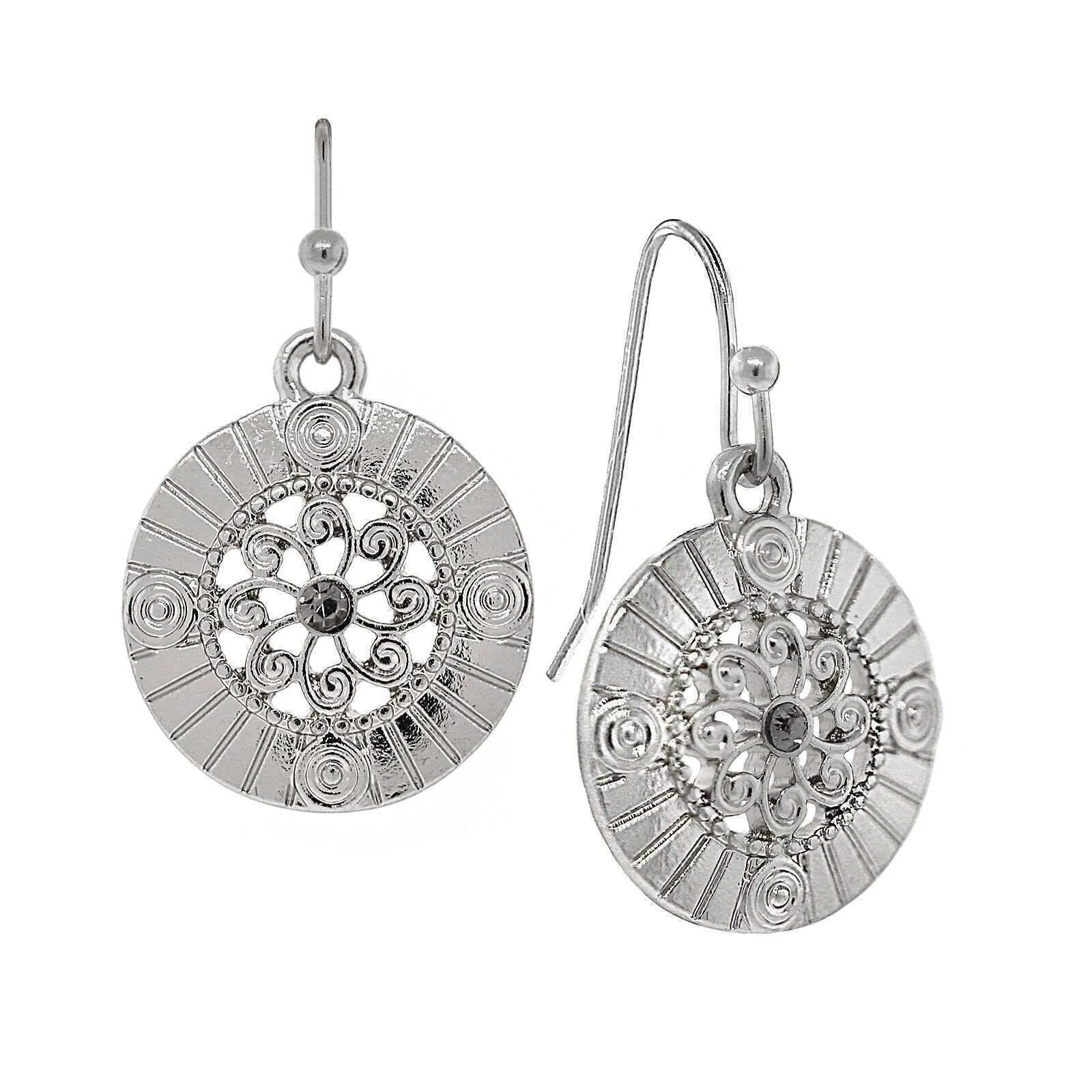 1928 Jewelry Round Disk Swirly Filigree Crystal Drop Earrings 1928 Jewelry