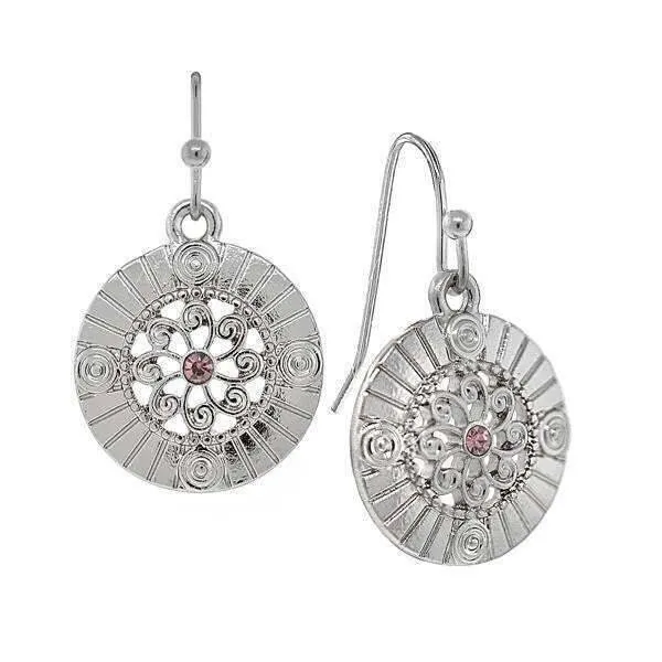 1928 Jewelry Round Disk Swirly Filigree Crystal Drop Earrings 1928 Jewelry