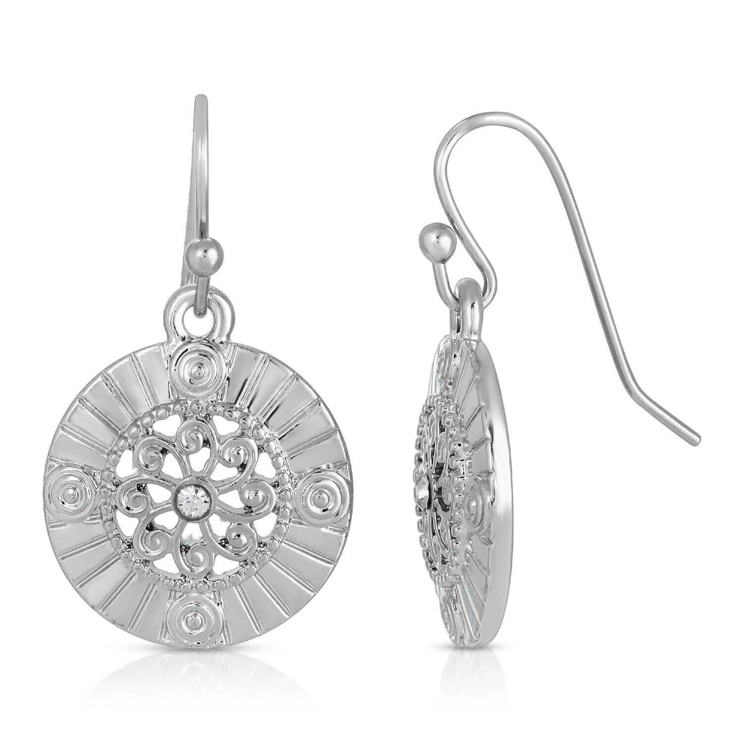 1928 Jewelry Round Disk Swirly Filigree Crystal Drop Earrings 1928 Jewelry