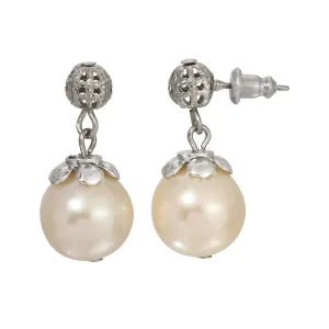 1928 Jewelry Round Faux Pearl Filigree Bead Post Back Drop Earrings 1928 Jewelry