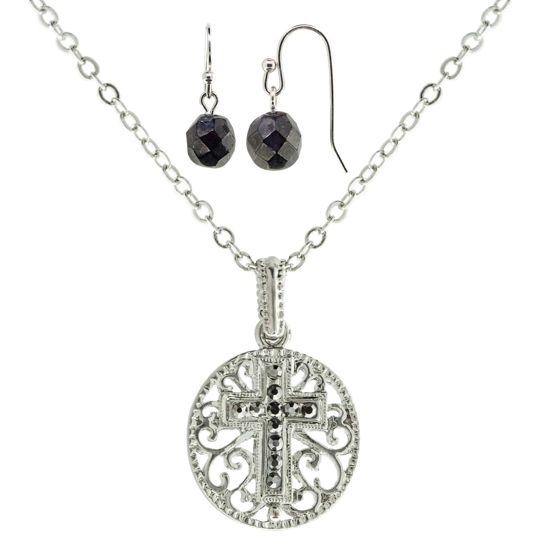 1928 Jewelry Round Filigree Hematite Cross Pendant Necklace & Earrings Set 1928 Jewelry