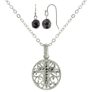 1928 Jewelry Round Filigree Hematite Cross Pendant Necklace & Earrings Set 1928 Jewelry