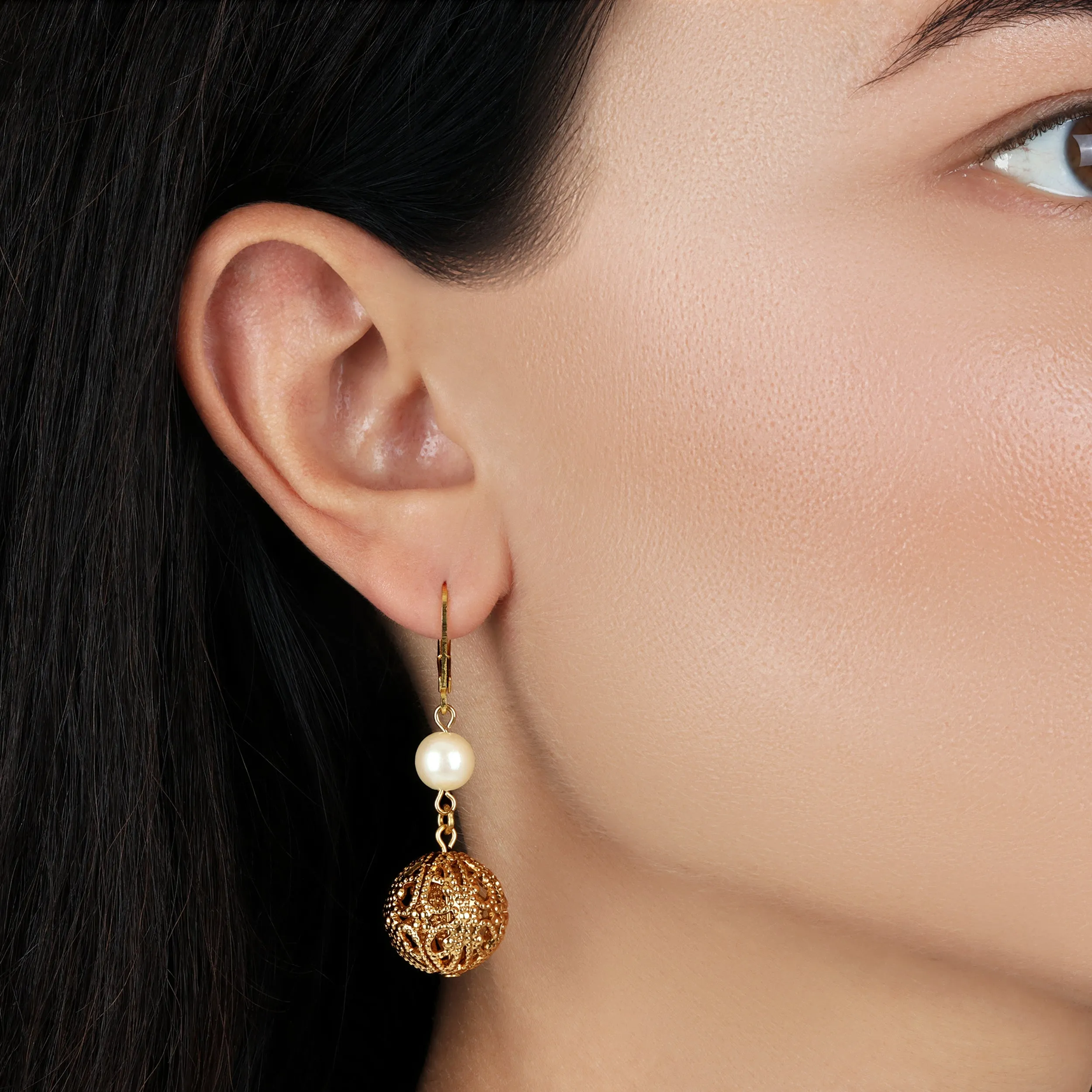 1928 Jewelry Round Filigree Spear And Faux Pearl Symphony Dangling Earrings 1928 Jewelry