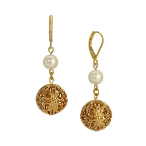 1928 Jewelry Round Filigree Spear And Faux Pearl Symphony Dangling Earrings 1928 Jewelry