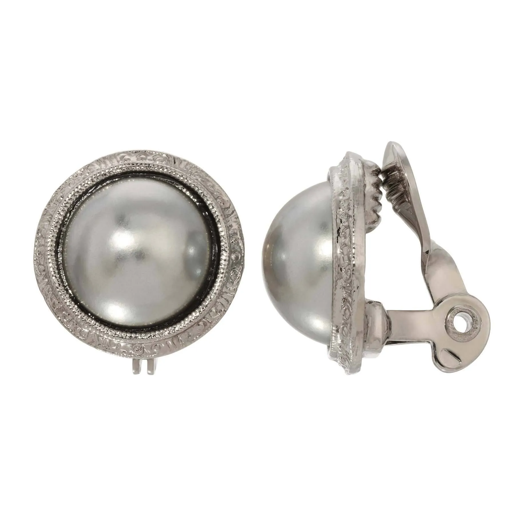1928 Jewelry Round Gray Faux Pearl Clip On Earrings 1928 Jewelry