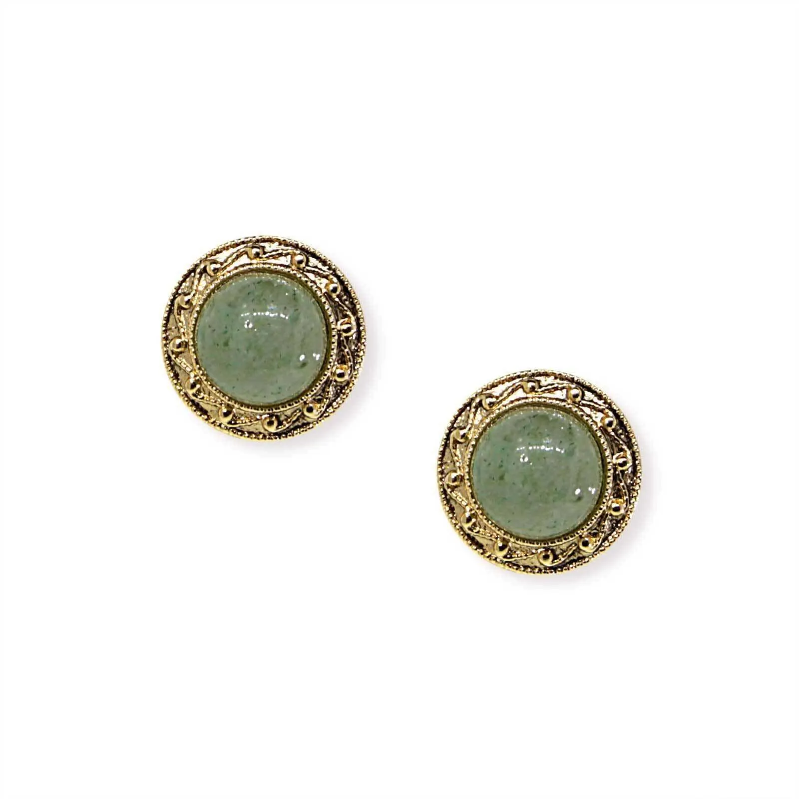 1928 Jewelry Round Green Aventurine Gemstone Button Earrings 1928 Jewelry