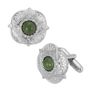 1928 Jewelry Round Green Jade Gemstone Cufflinks 1928 Jewelry