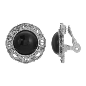 1928 Jewelry Round Jet Black Stone Clip Earrings 1928 Jewelry