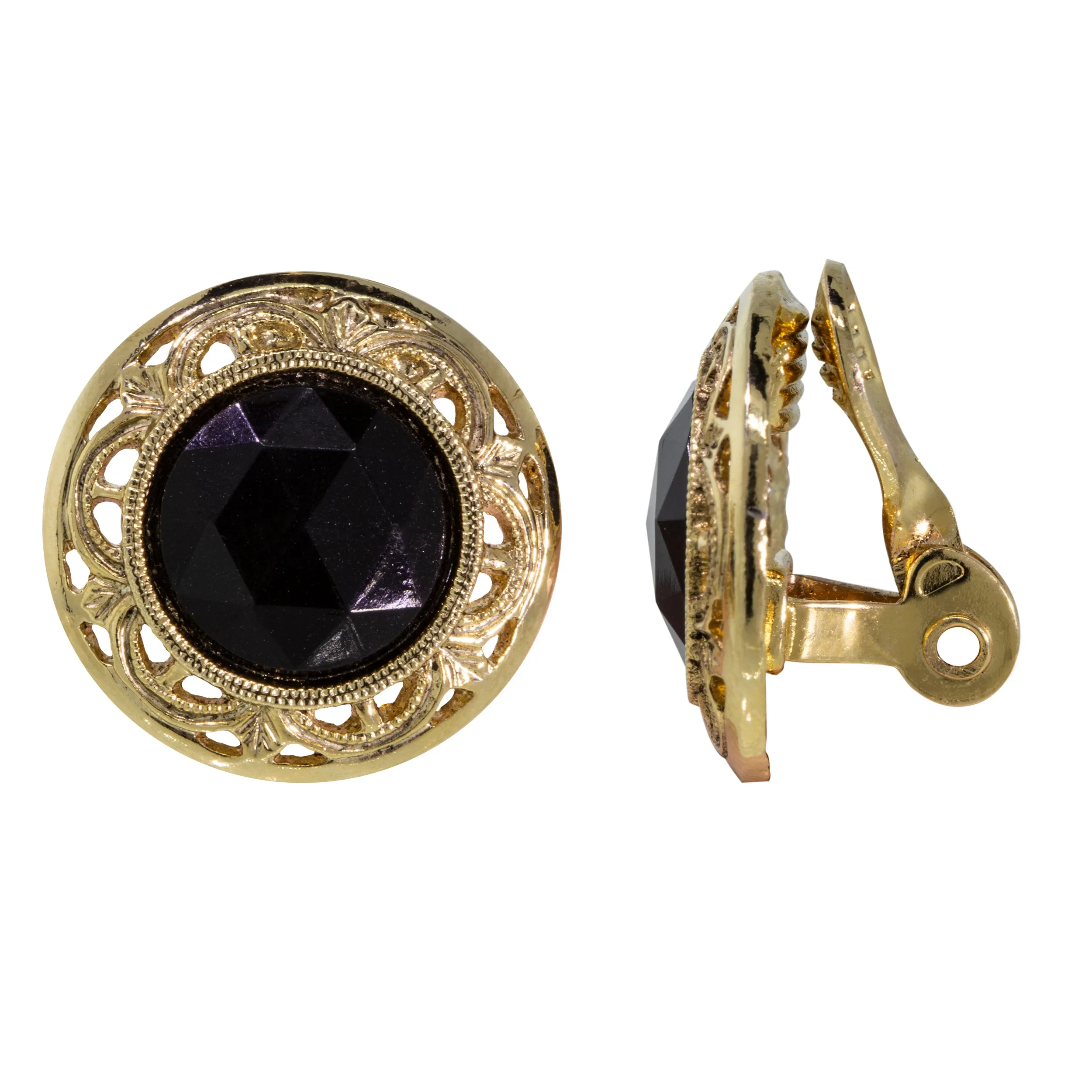 1928 Jewelry Round Jet Black Stone Clip On Earrings 1928 Jewelry