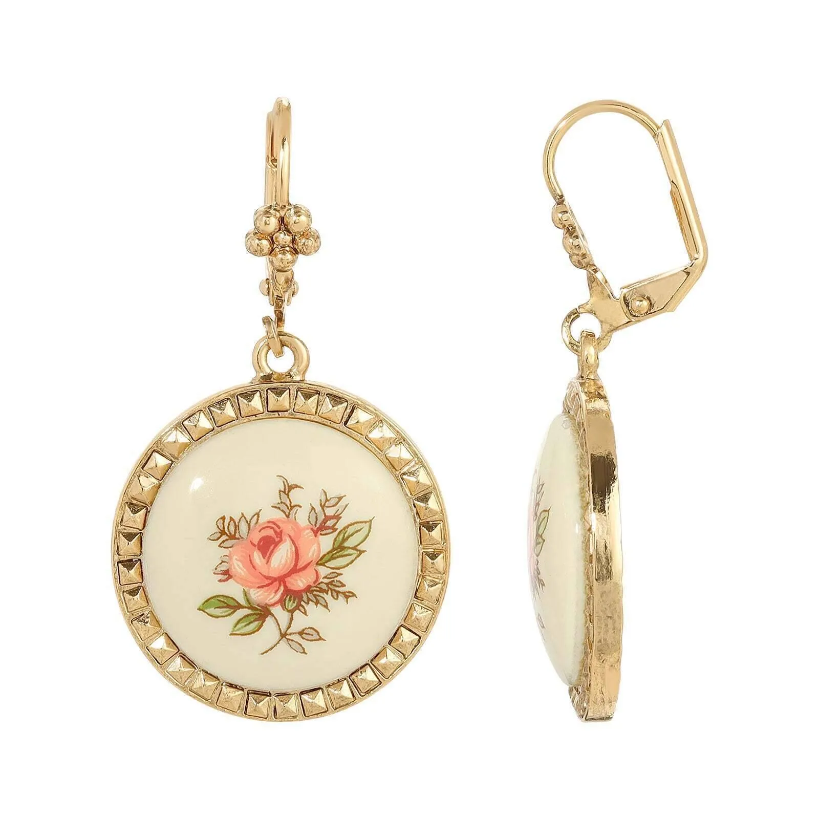 1928 Jewelry Round Pink Desert Rose Ceramic Cabochon Stone Earrings 1928 Jewelry