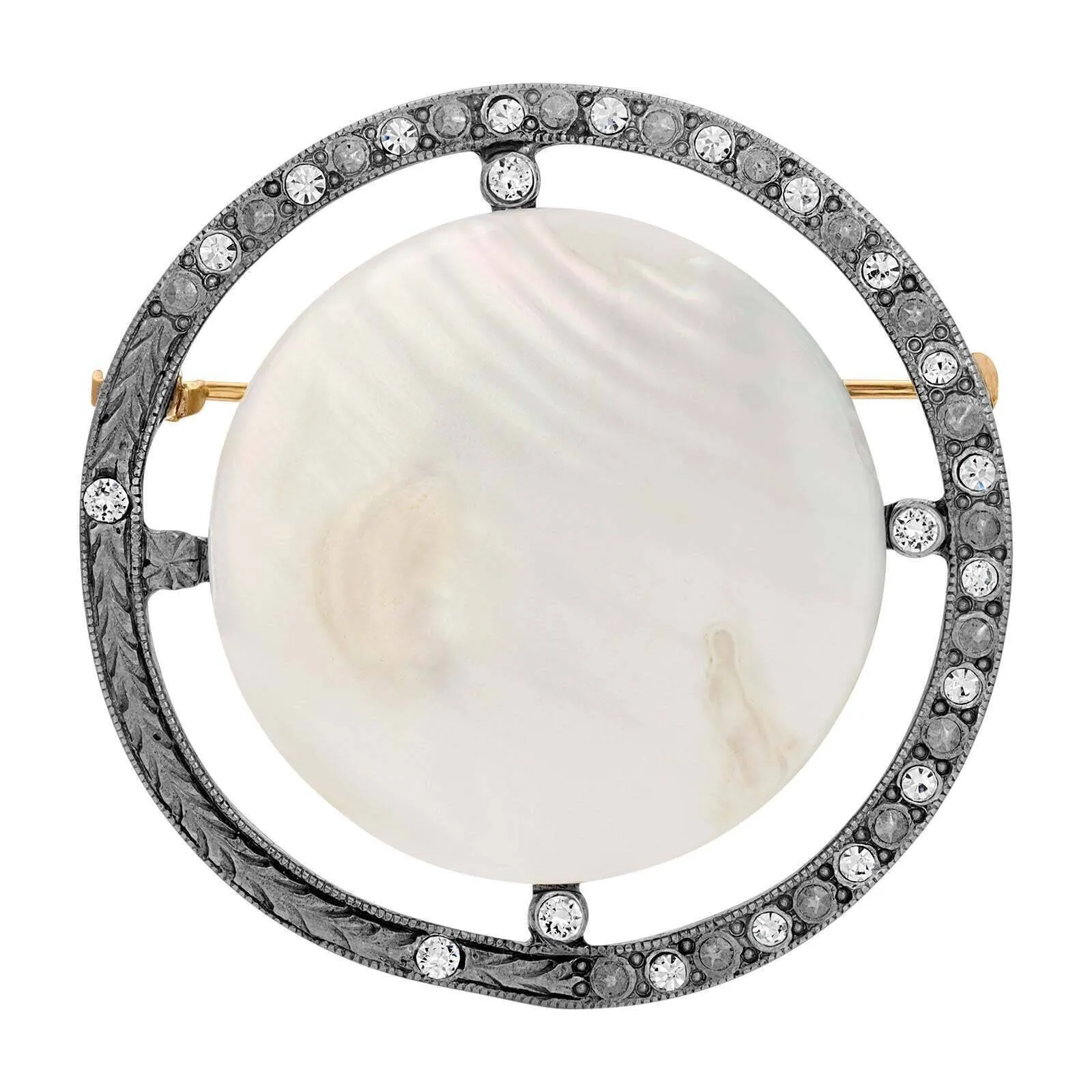 1928 Jewelry Round Pink Mother Of Pearl And Crystal Brooch 1928 Jewelry