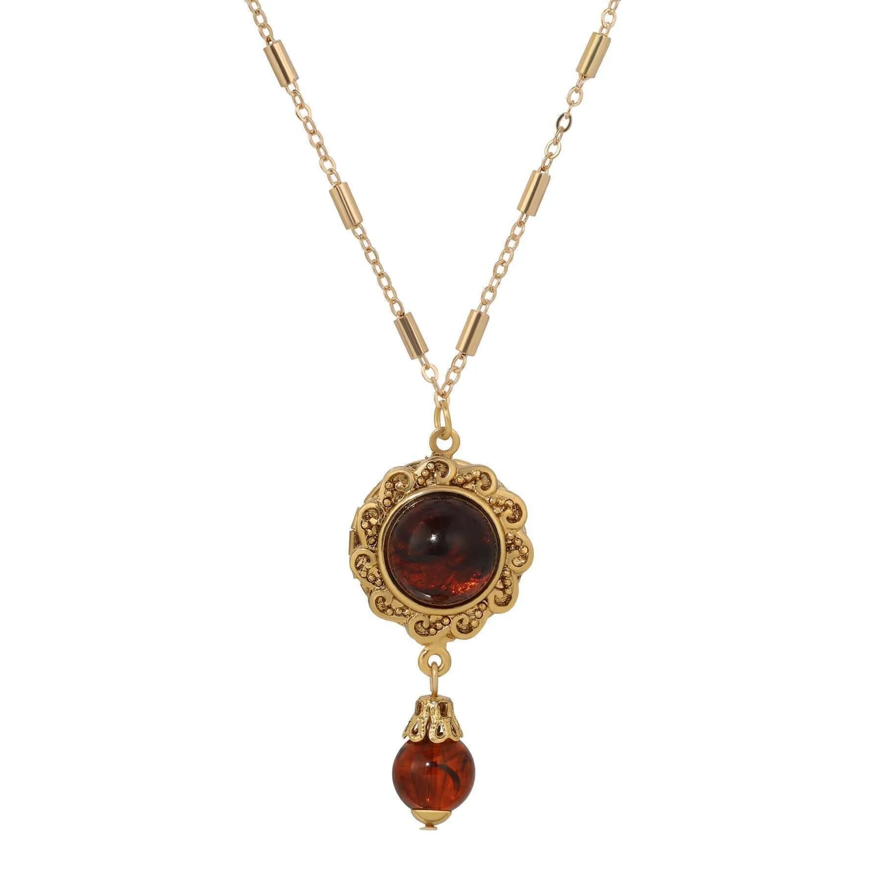 1928 Jewelry Round Stone Photo Locket Pendant Necklace 20" 1928 Jewelry