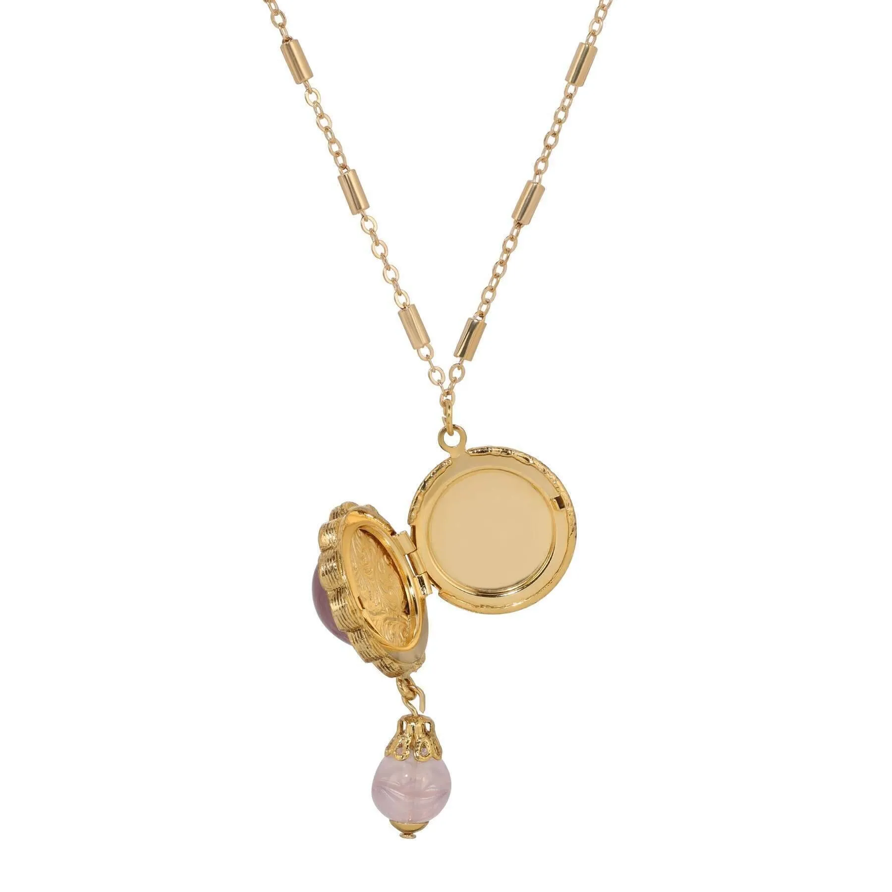 1928 Jewelry Round Stone Photo Locket Pendant Necklace 20" 1928 Jewelry
