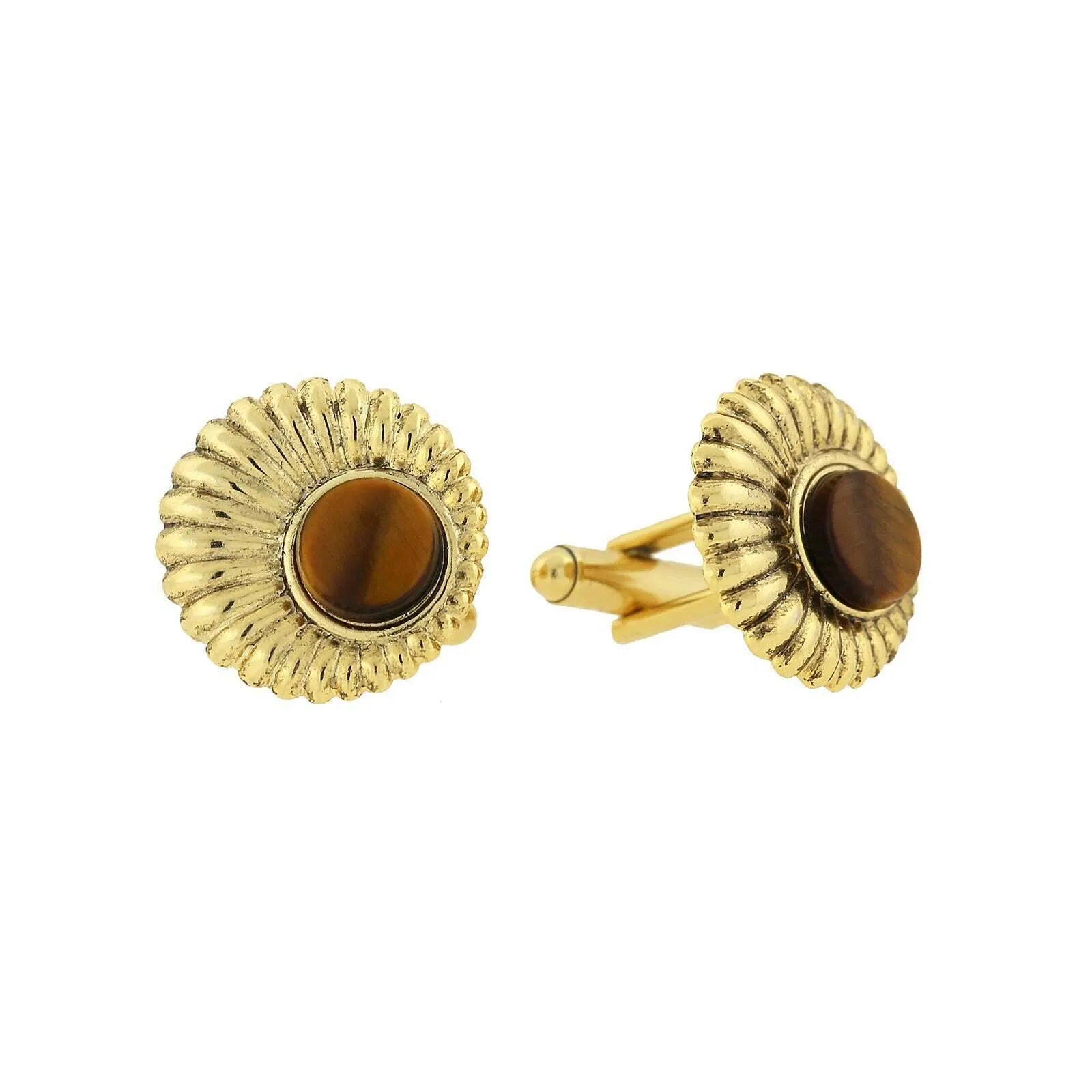 1928 Jewelry Round Tigers Eye Scalloped Cufflinks 1928 Jewelry