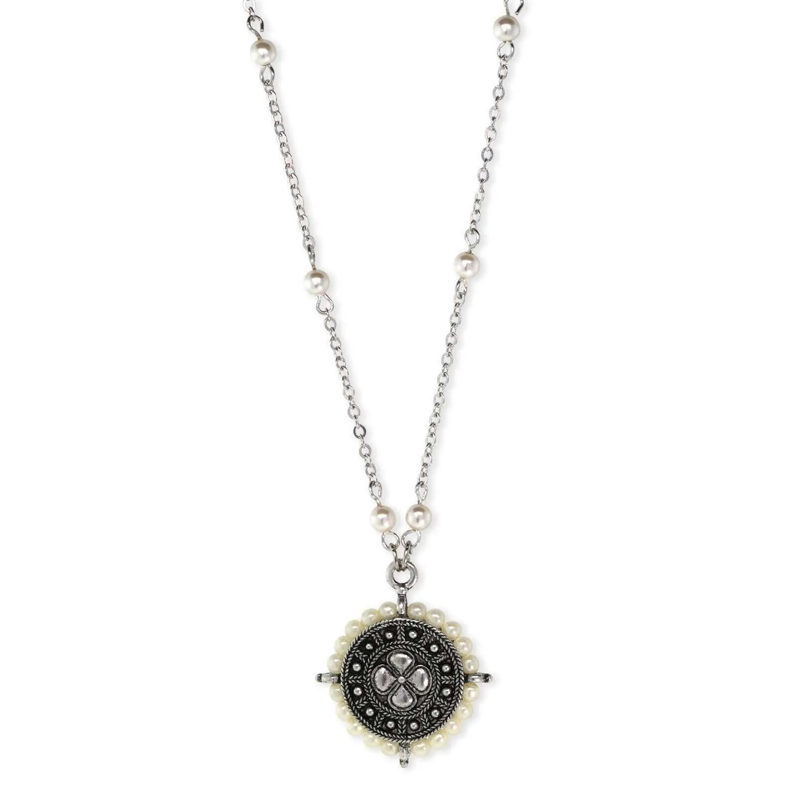 1928 Jewelry Round White Faux Pearl Floral Pendant Necklace 16"   3" Extender 1928 Jewelry