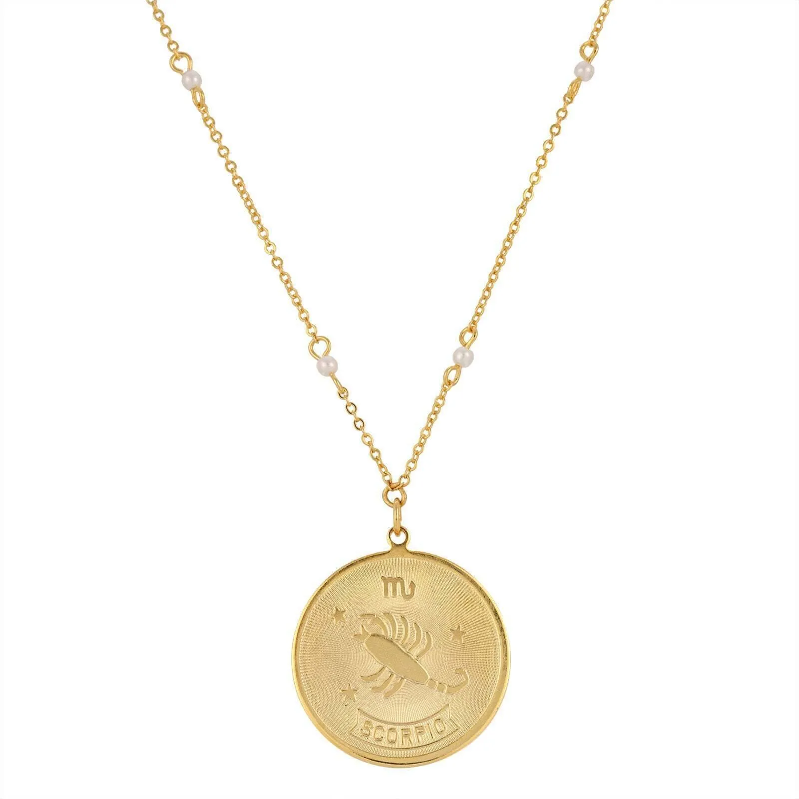 1928 Jewelry Round Zodiac Pendant Necklace With Faux Pearl Accents 20" 1928 Jewelry