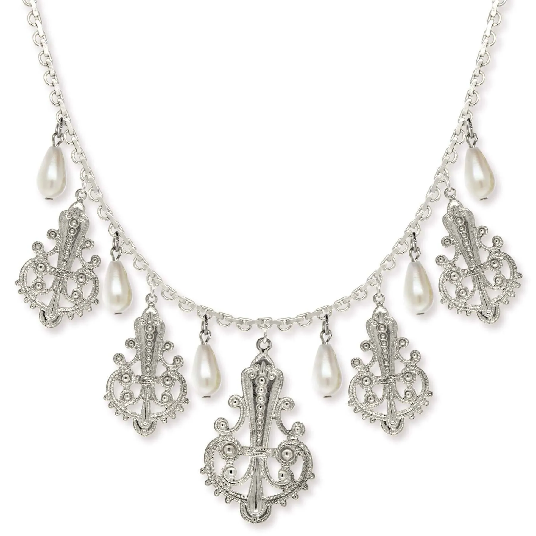 1928 Jewelry Royal Filigree Ornamental Drop Faux Pearl Necklace 16"   3" Extender 1928 Jewelry