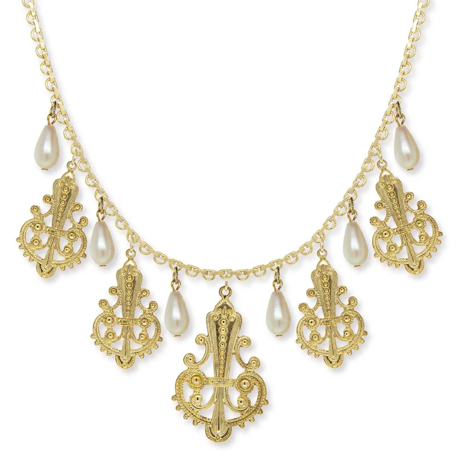 1928 Jewelry Royal Filigree Ornamental Drop Faux Pearl Necklace 16"   3" Extender 1928 Jewelry