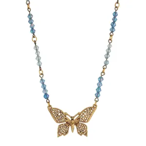 1928 Jewelry Sapphire AB Blue Crystal Butterfly Pendant Necklace 16"   3" Extender 1928 Jewelry