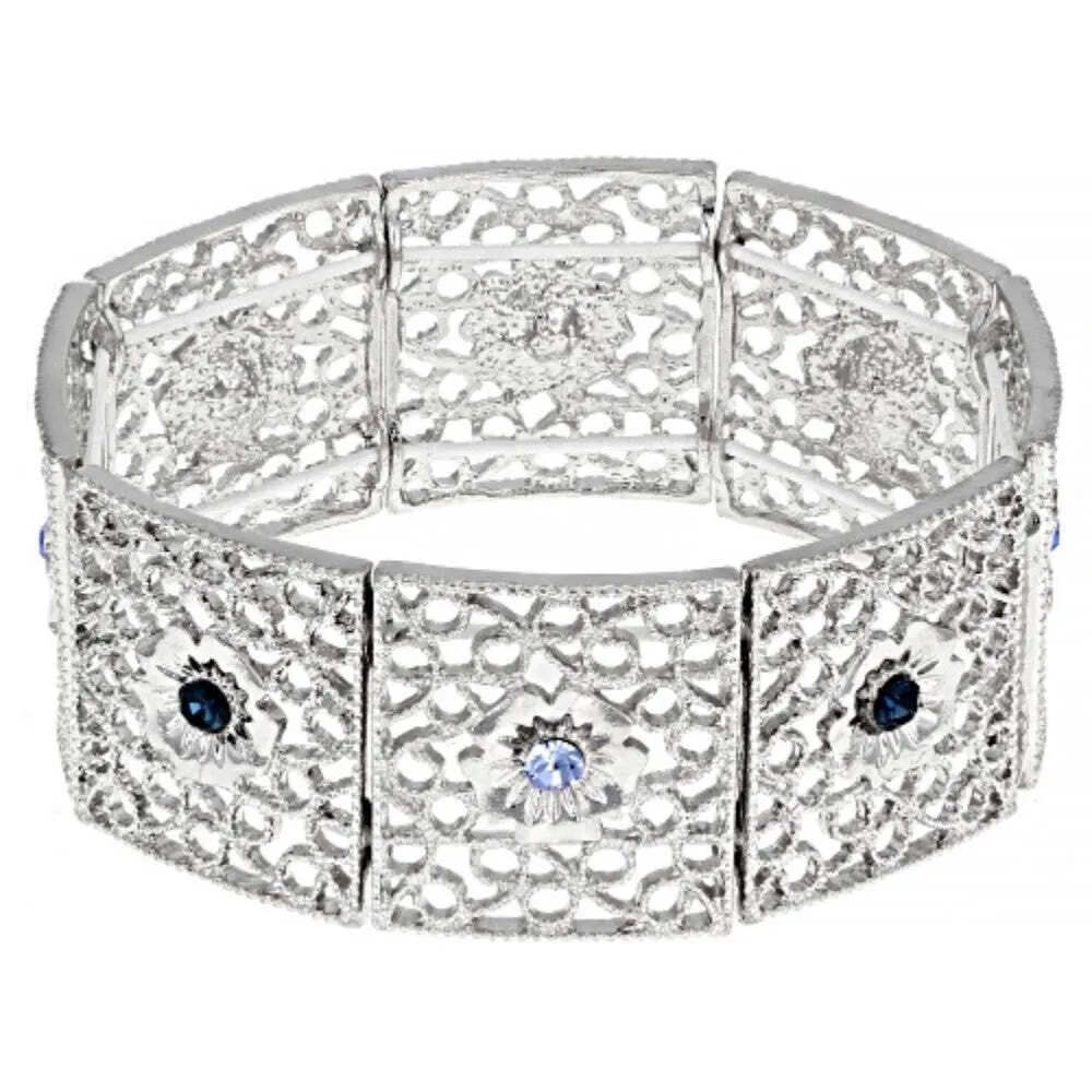 1928 Jewelry Sapphire Blue Crystal Filigree Stretch Bracelet 1928 Jewelry