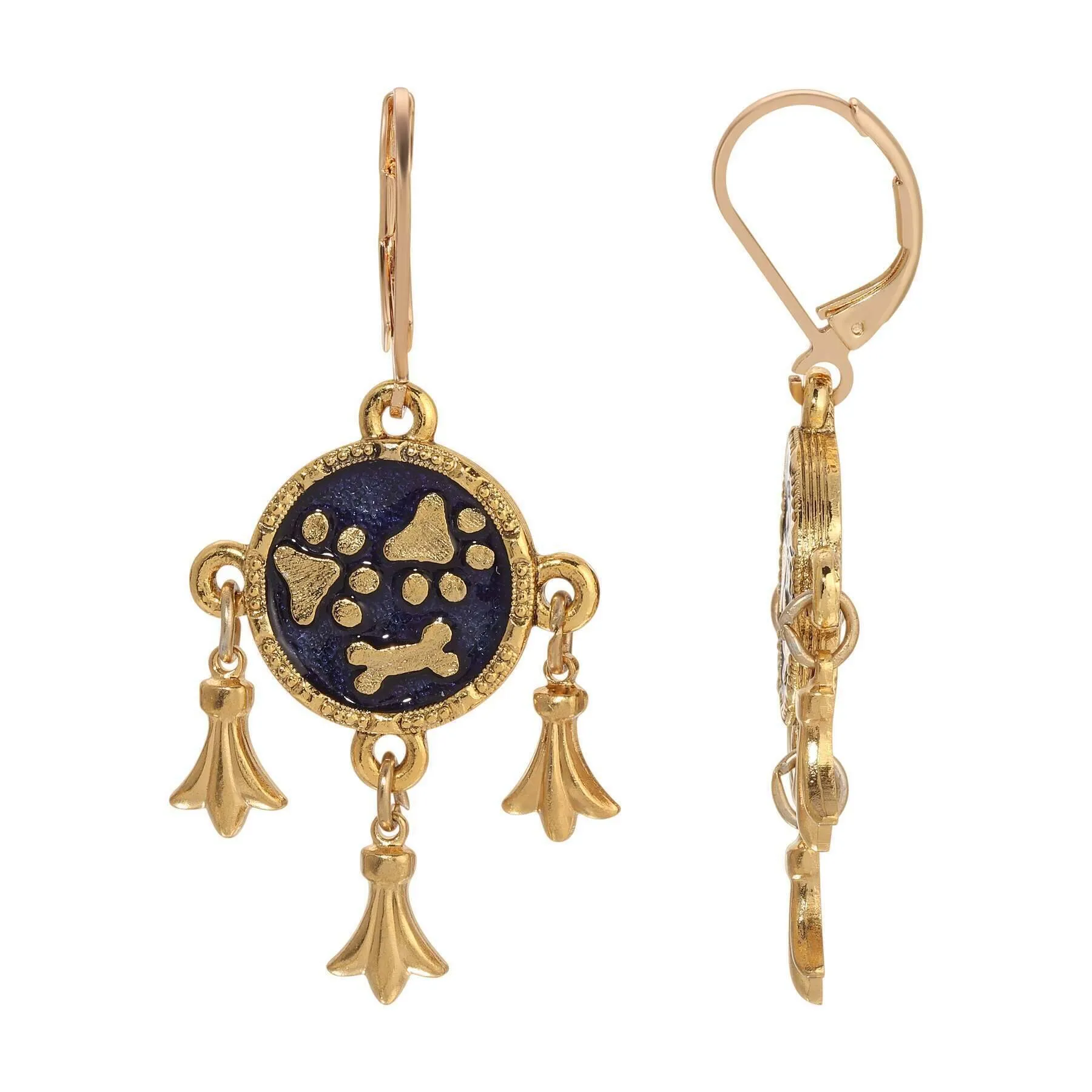 1928 Jewelry Sapphire Blue Enamel Paws And Bone Dangling Charms Earrings 1928 Jewelry