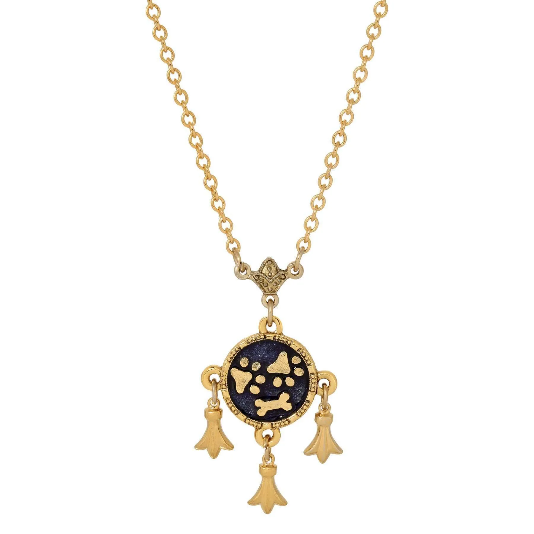 1928 Jewelry Sapphire Blue Enamel Paws And Bone Dangling Charms Pendant Necklace 16"   3" Extension 1928 Jewelry