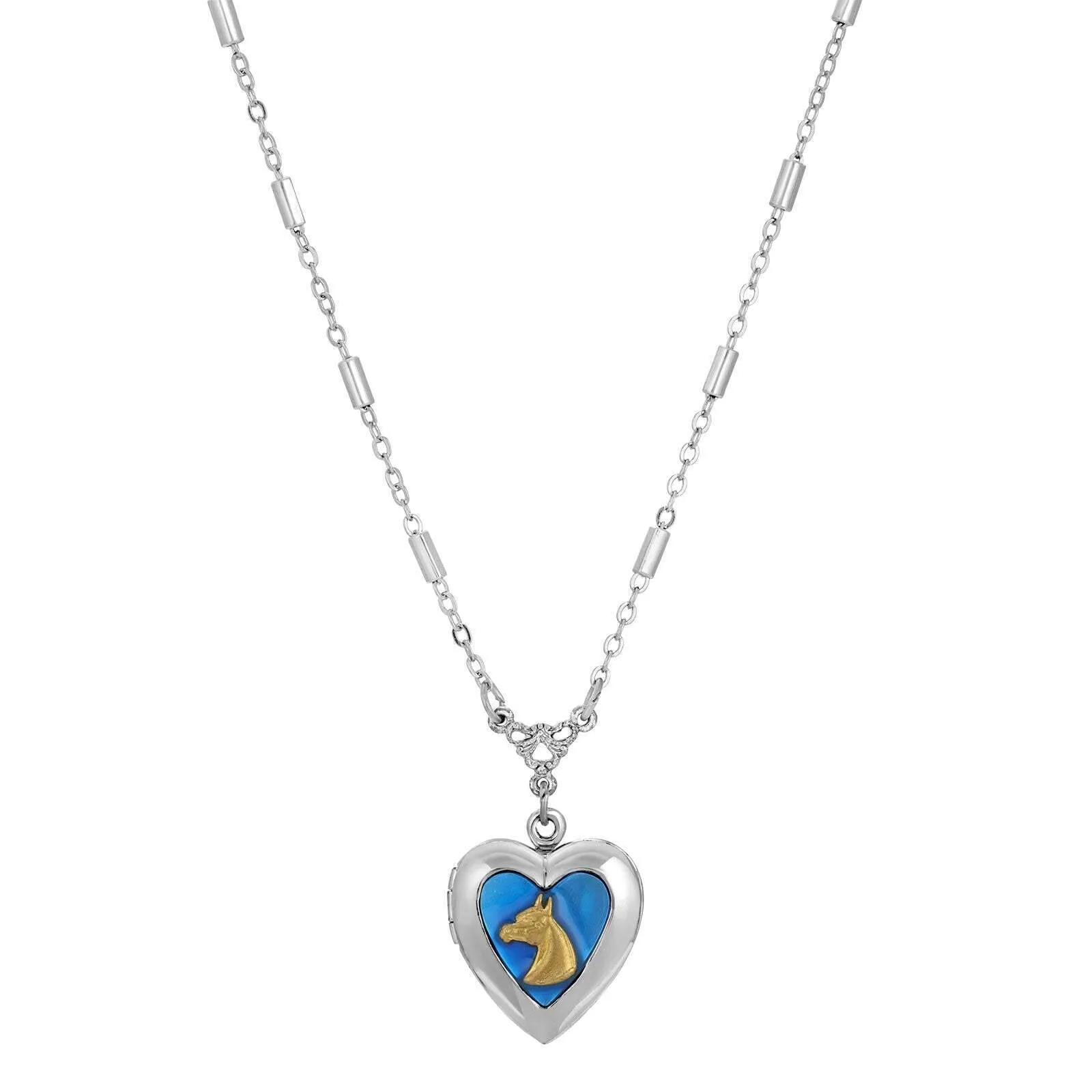 1928 Jewelry Sapphire Blue Horse Heart Locket Necklace 16"   3" Extender 1928 Jewelry