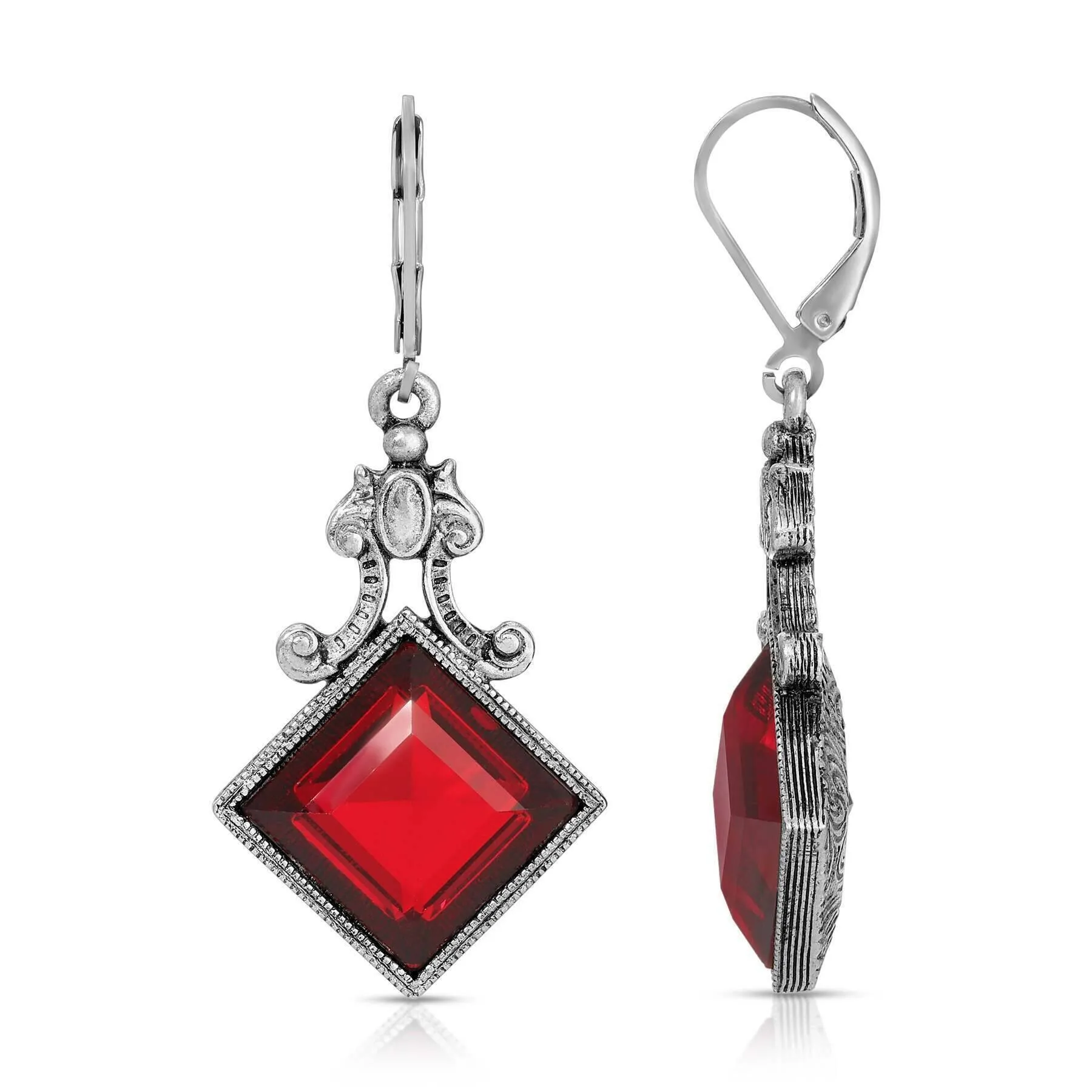1928 Jewelry Scroll & Square Siam Red Stone Drop Earrings 1928 Jewelry