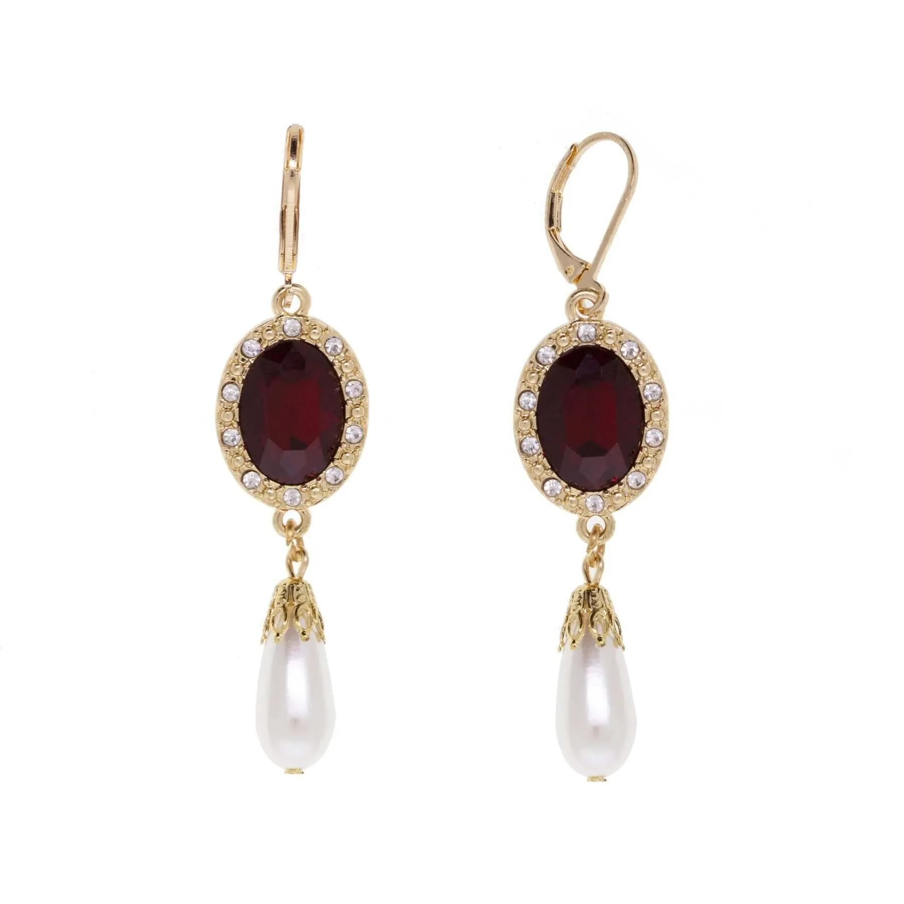 1928 Jewelry Siam Red & Clear Crystals Faux Pearl Dangling Earrings 1928 Jewelry