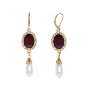 1928 Jewelry Siam Red & Clear Crystals Faux Pearl Dangling Earrings 1928 Jewelry