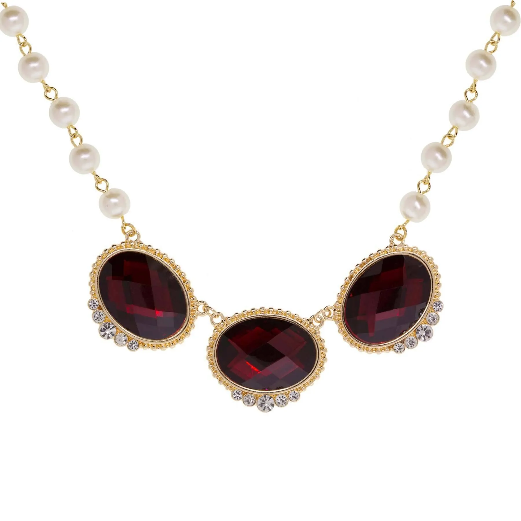 1928 Jewelry Siam Red & Faux Pearl Elegance Necklace 16"   3" Extension 1928 Jewelry