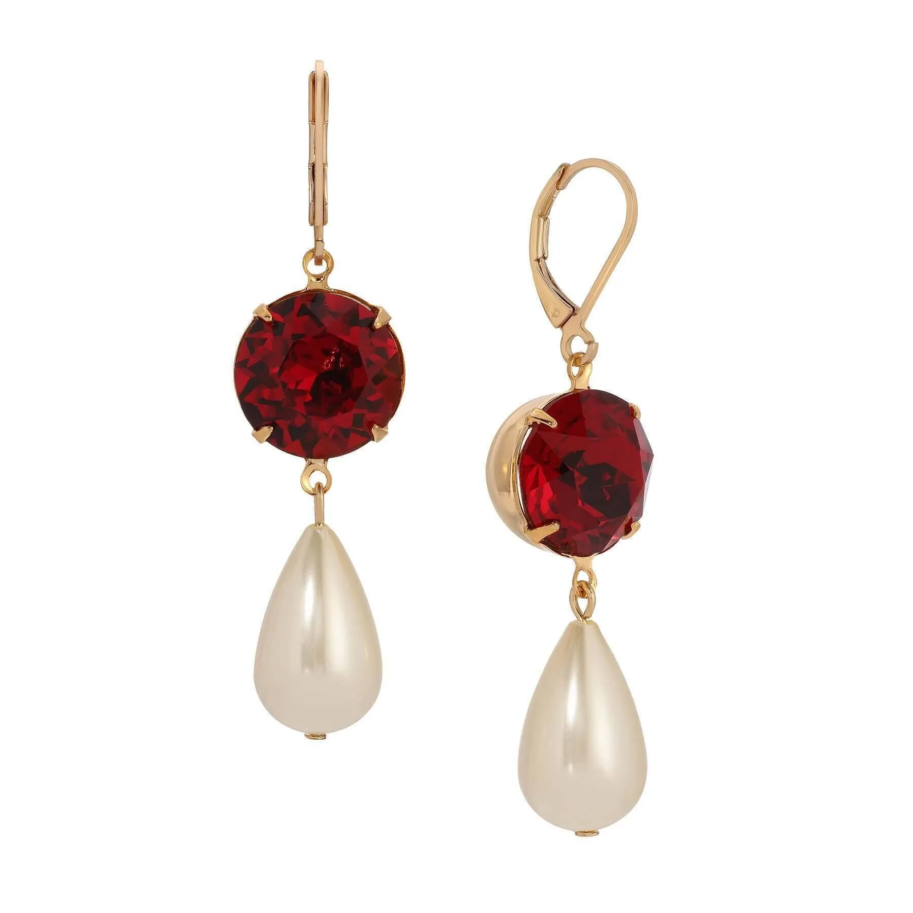 1928 Jewelry Siam Red Euro Crystal Faux Pearl Teardrop Dangling Earrings 1928 Jewelry